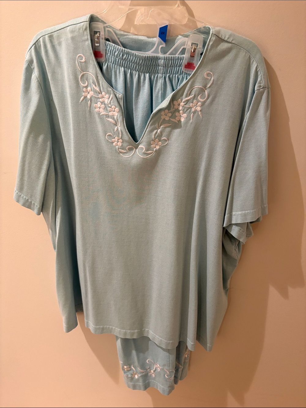 Light Blue Embroidered Short Sleeve Women's Top - Relaxed Fit